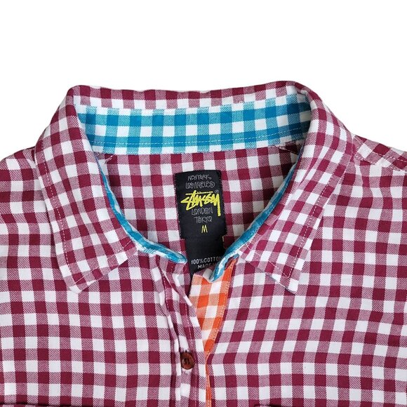 Stussy checkard maroon and white long sleeve button up rainbow shirt size Medium - Picture 5 of 6